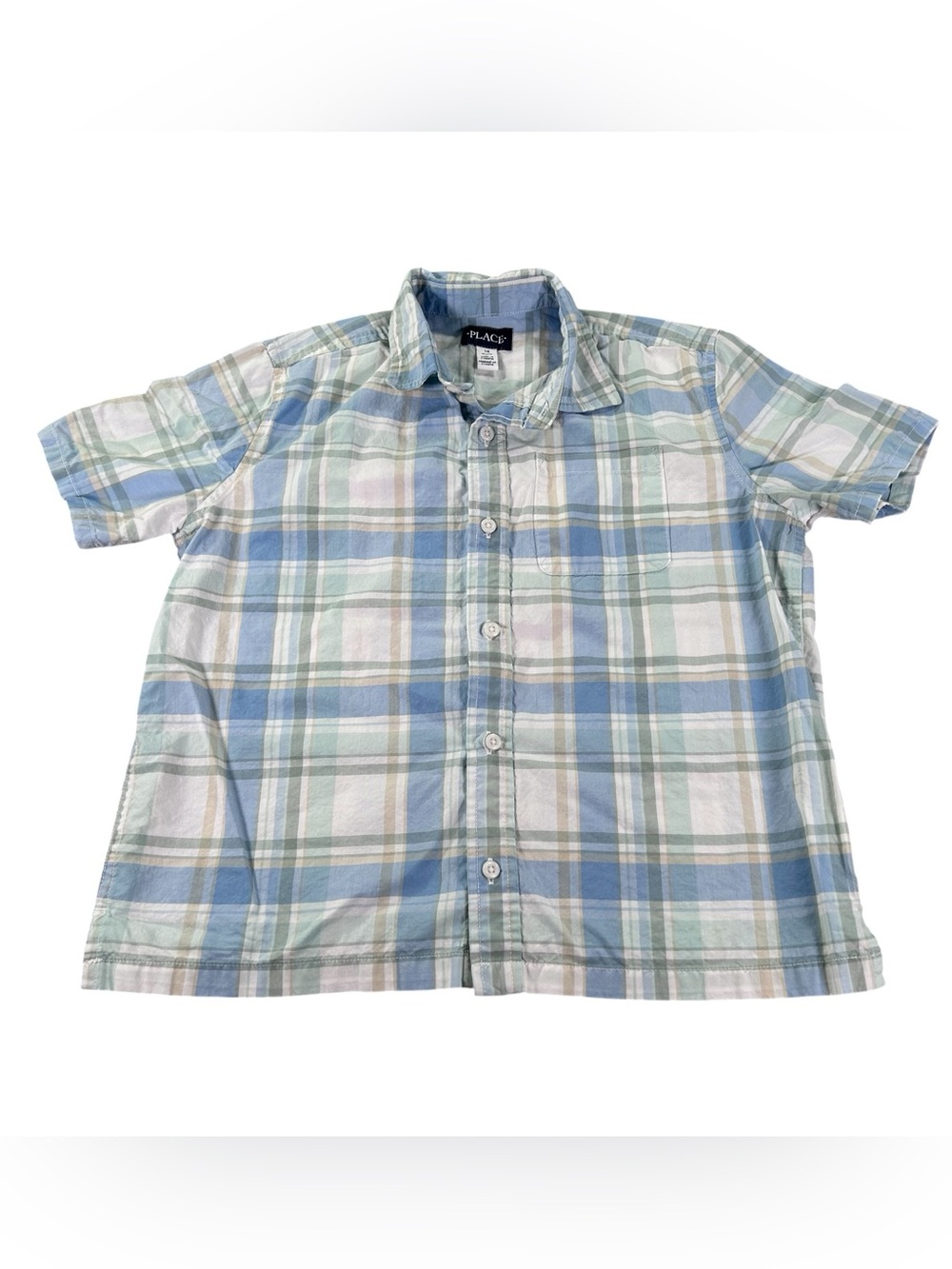 The Children’s Place Boys Plaid Button Down Shirt XL 14 Blue Mint Cotton